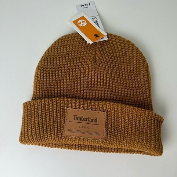 TIMBERLAND Est. 1973 KNIT BEANIE WINTER HAT Wheat Brown with Leather Patch NWT! - Picture 1 of 3